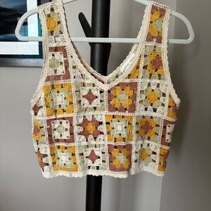 Love Riche Cream and Yellow Cropped Graphic Tank Top